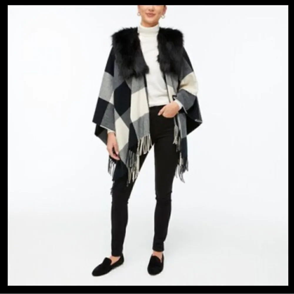 J Crew Faux-fur Plaid Cape NWT